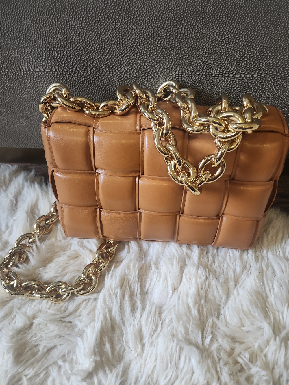 Bottega Veneta Woven Leather Shoulder Bag in Tan with Gold Chain